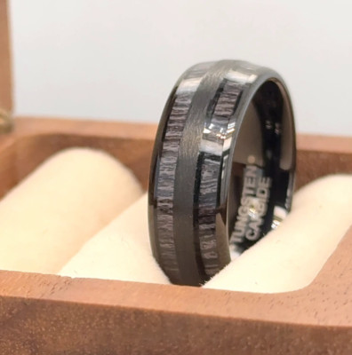 Love Gift Ring Dark Gray Charcoal Wood Inlay Band Black Tungsten Elegant Ring
