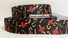 Grosgrain Ribbon, Christmas Candy Canes with Red Bows Holly on Black, 1" Wide
