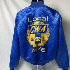 VTG 80’s CWA Communications Workers of America Union Blue Satin Bomber Jacket