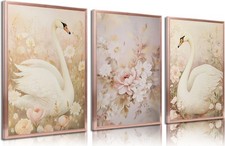 3pcs Nursery Swan Canvas Wall Art Pink Swan Flowers Posters Prints
