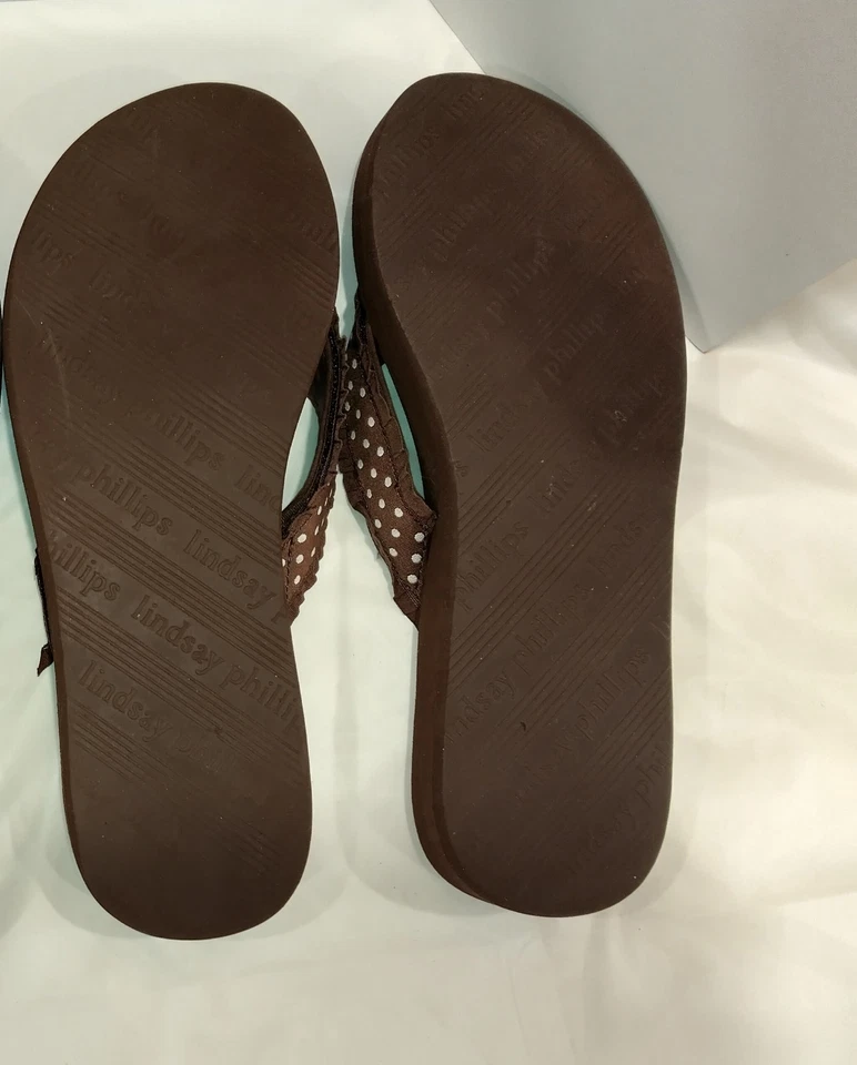 Chanclas LINDSAY PHILLIPS Marrón SWITCHFLOPS Blanco Lunares Volantes Correa Talla 7 Foto 4 de 4