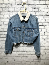 forever 21, Women M, Blue Soft Thin Denim Faux Fur Collar Cropped Jacket Cotton