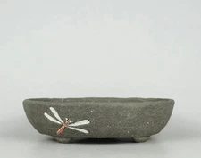 Japanese Bonsai pot ECHIZEN BUNZAN signed IROE Dragonfly Oval w7.8" *1536 9