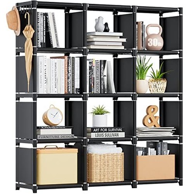  Book Shelf, 12 Cube Storage Organizer, DIY Bookcase, Metal 12-Grid Black