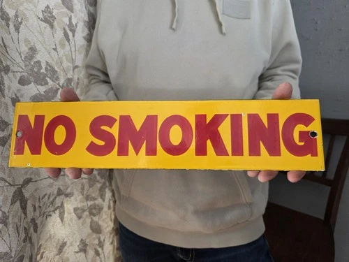 VINTAGE LARGE NO SMOKING PORCELAIN SIGN 18” x 4”.