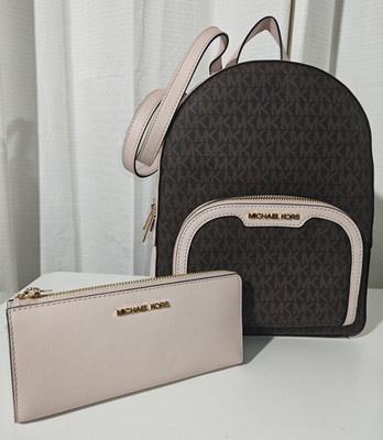 Michael Kors Jaycee Medium Logo Backpack Brown/Pink Zip Inner Pockets + Wallet