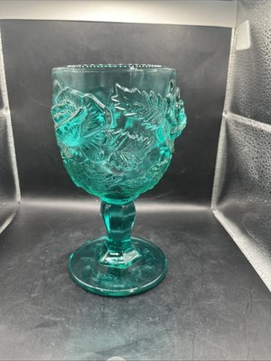 Fenton Madonna Inn Wild Rose Goblet  Teal Aqua Goblet  6.5  L. E. Smith