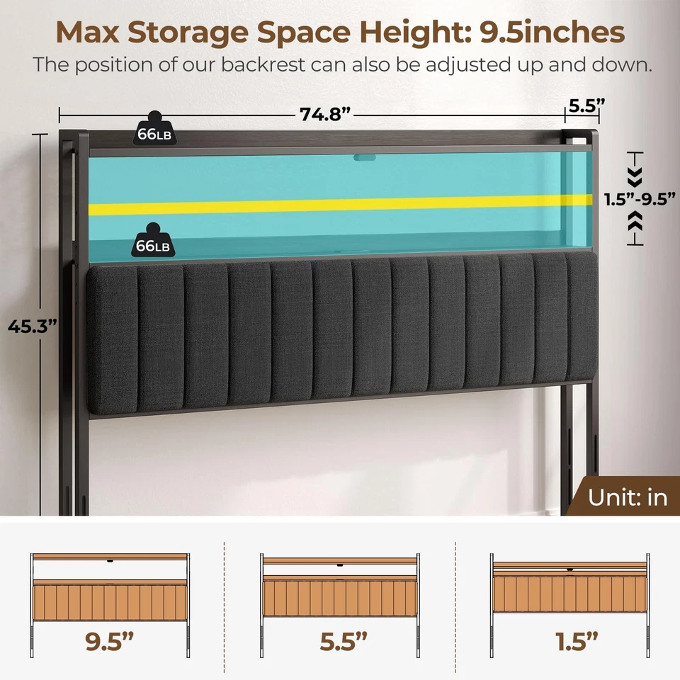 Cabecero para Cama King Size con Almacenamiento, 60.000 Hágalo Usted Mismo Color de Luz LED, Cabezal... Foto 2 de 4