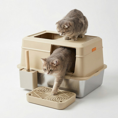 B2C geschlossene Edelstahl Katzentoilette 2-Wege-Einstieg für große Katzen - Khaki