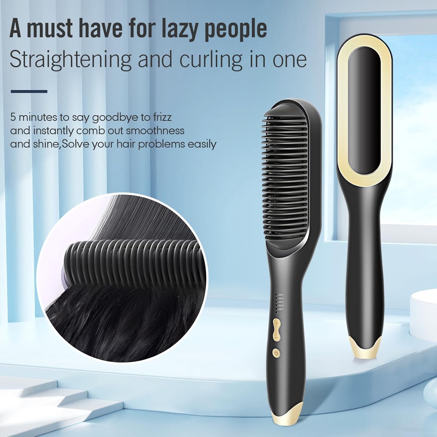 Hair Straightener Brush-Ionic Hair 5 Temp Fast Heat Comb Anti-Scald Auto-Shut of