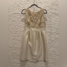 size 8 Tahari Cream Lace Mini Dress silky sequins embroidery straight beige