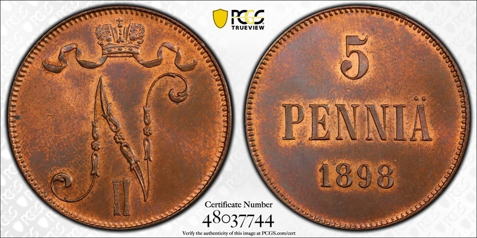 i-650474 Finlandia 5 Pennia 1898. PCGS MS 64 RB. TOP POP Foto 2 de 2