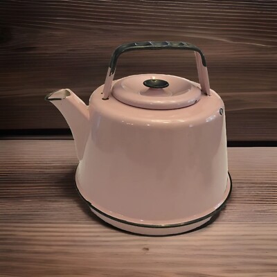 Vintage Enamel Tea Kettle Teapot Pink W/ Black Metal Handle Movie
