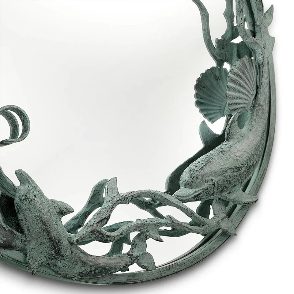 Espejo de montaje en pared ovalado trío de delfines costeros de hierro fundido decoración del hogar Foto 2 de 3