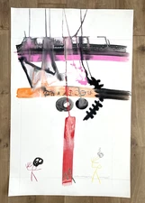 Vintage 80s Outsider Art Abstract Figural Symbol Painting Stuart Buehler 26x40"