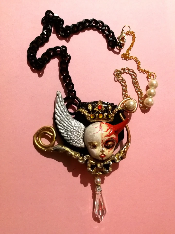 Luxury Jewelry Necklace Doll Head Pendant Angel & Demon Art Deco Chunky Baroque - Image 3 of 4