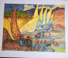 Docked Sail Boats Post-Impressionism Oil On Canvas Original Student Art Rich...