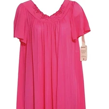 Shadowline Pink Nightgown Small Vintage Flutter Sleeves Roses  Nylon Maxi NOS