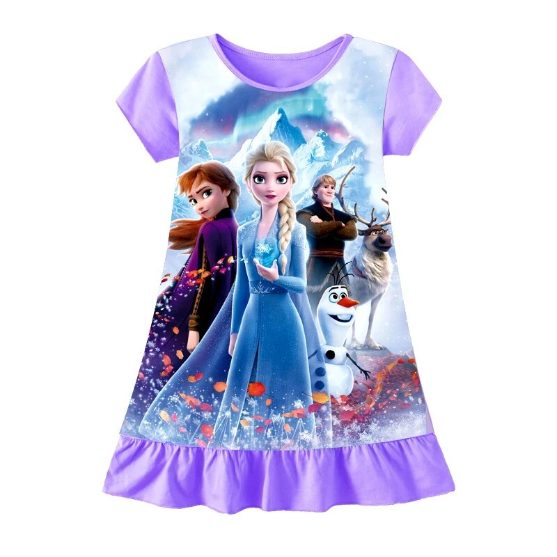 Girls Disney Frozen Elsa Anna Nightgown Short Sleeve Sleep Dress