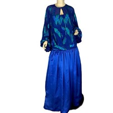 VINTAGE CIRCA 1980'S VICTOR COSTA BLUE  GREEN PEACOCK THEME DRESS  COVER 14