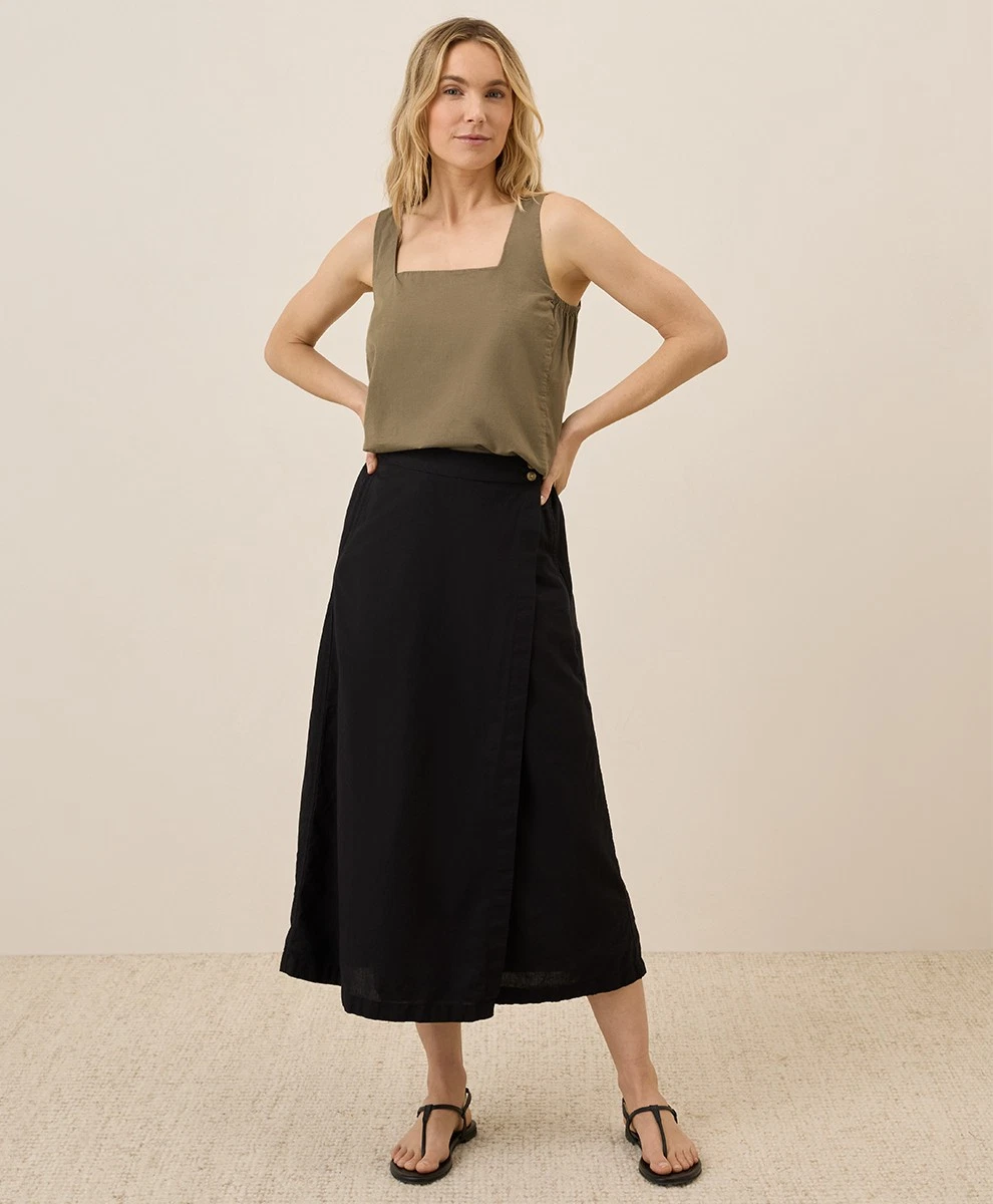 Pact Women's Canopy Linen Blend Wrap Skirt Small Black Comfortable Bottoms
