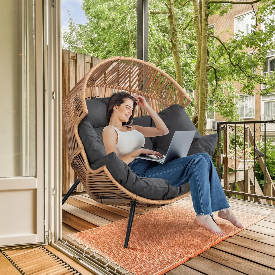 Cadeira de ovo de vime para área externa de vime cadeira de pátio com almofada, loun de pátio de grandes dimensões... - Imagem 3 de 4