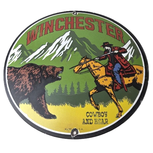 Vintage Winchester Porcelain Sign - Hunting Advertisement Cowboy and Bear Sign