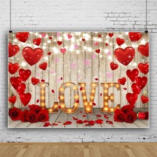 Happy Valentine Backdrop Red Rose Flowers Wood Background Photo Studio