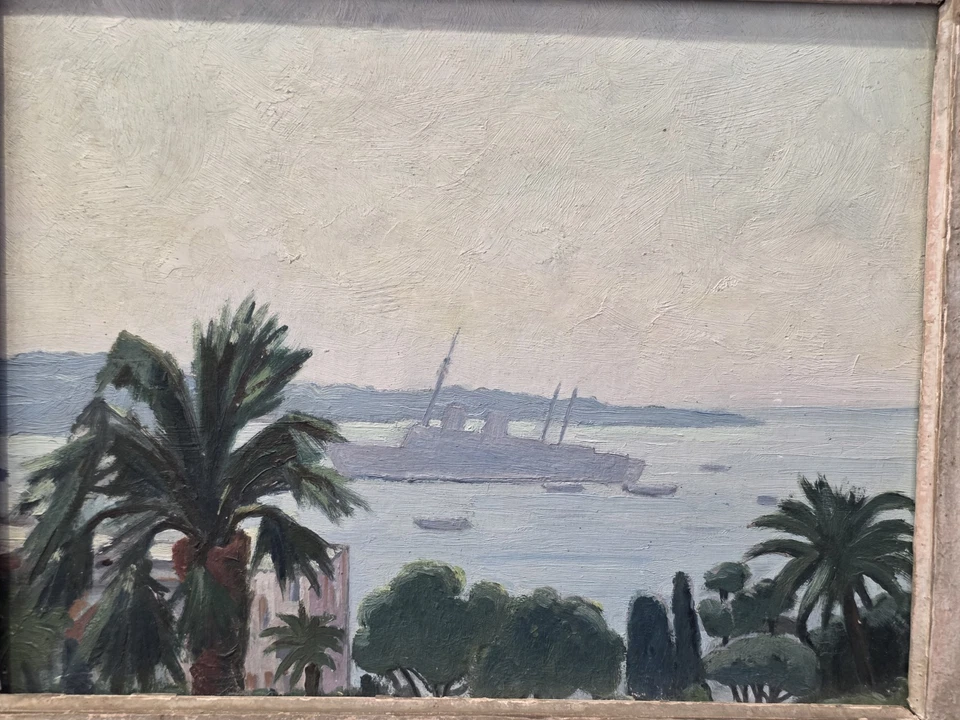Tableau huile bord de mer baie de Cannes signé début XXème - Photo 2/4