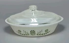 VTG Glasbake 1 QT Casserole Dish Green Daisy Milk Glass 10" Oval w Lid J235 EUC