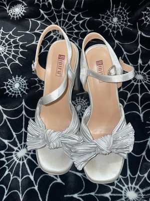 IDIFU Silver Satin Strappy Block Heel Bow Ankle Strap Square Toe Women's Shoes
