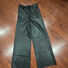ZARA Faux Leather Wide Leg Women's Black Pants Solid Pocket Accents Regular