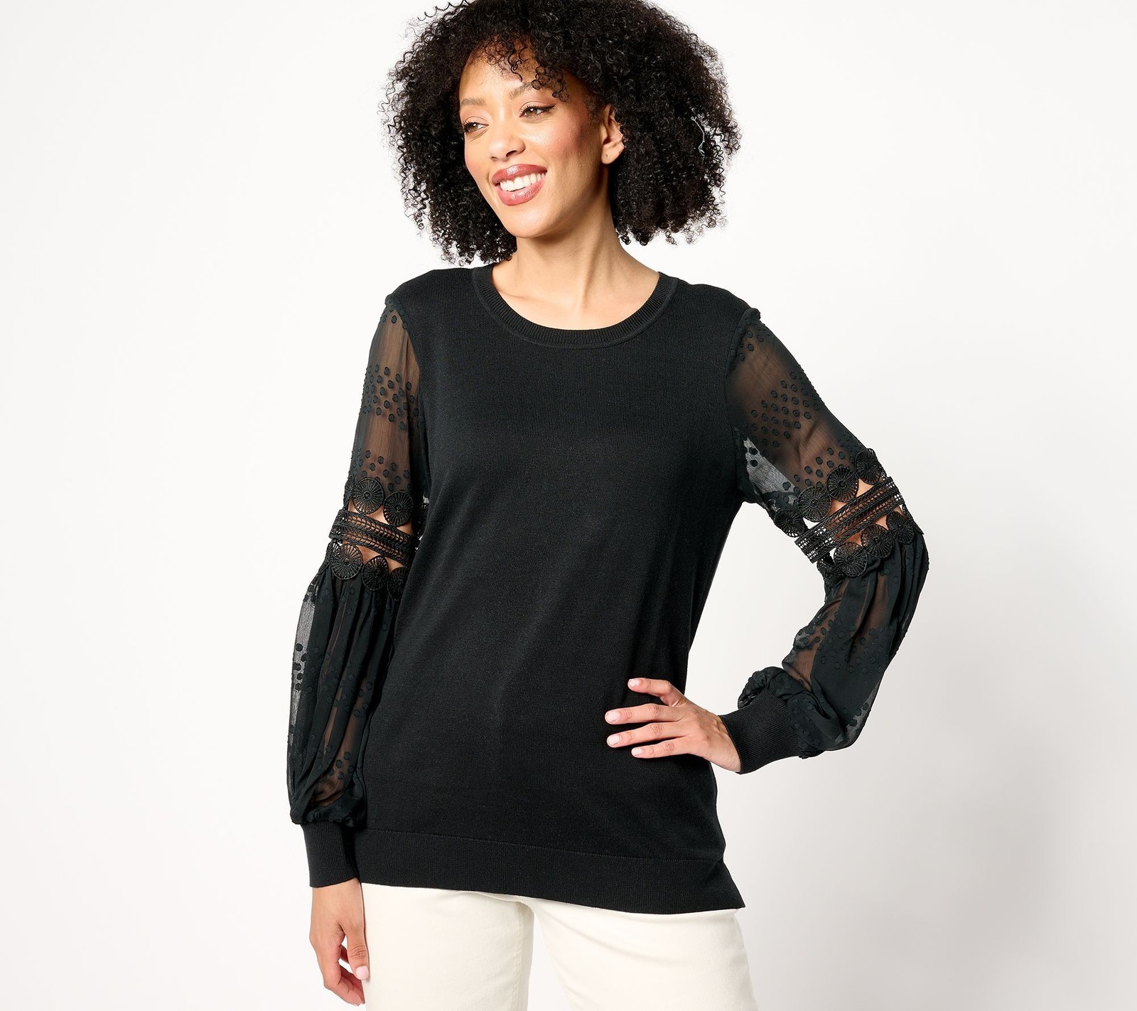 Belle by Kim Gravel Women's Top Sweater Sz XL Graceful Lace Blouson Black