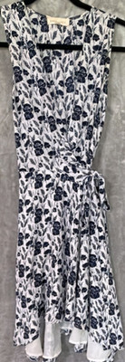Eight Sixty White Blue Floral V-Neck Sleeveless Wrap Tie Knee Length Dress M