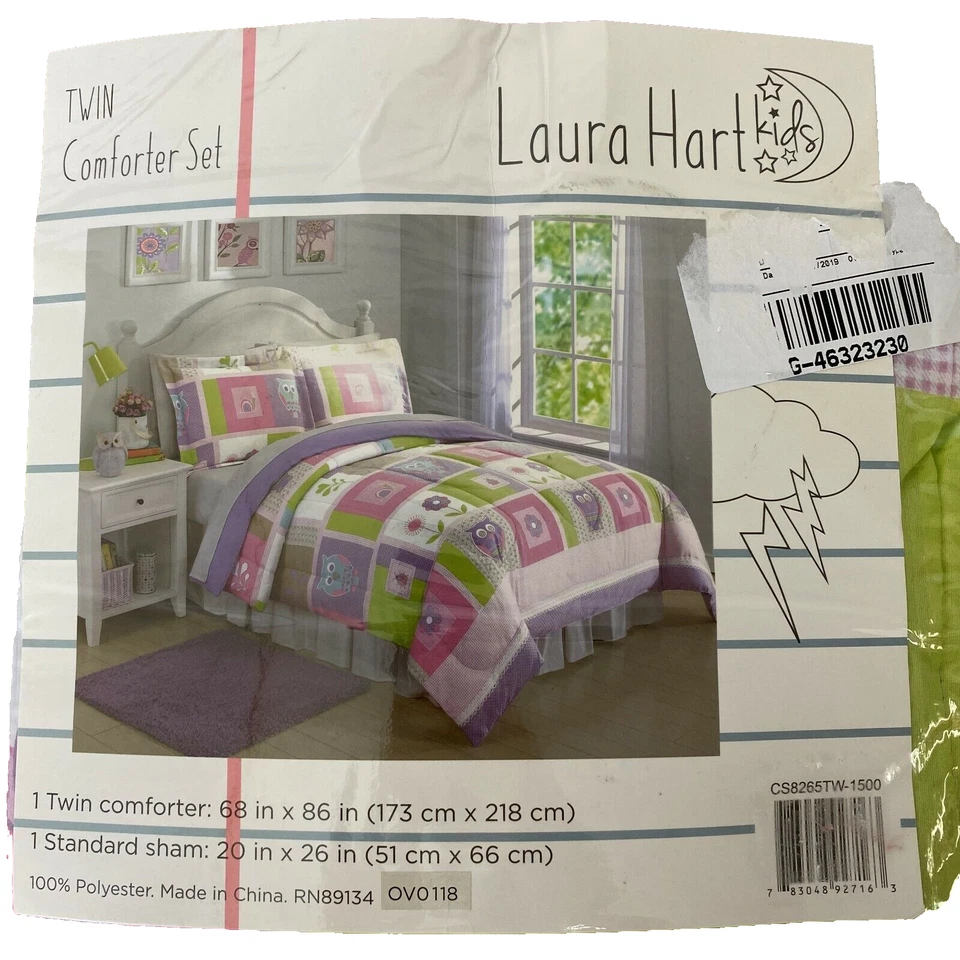 Laura Hart Happy Owls Flowers Patchwork KIds Twin Comforter Sham Pink Set - Image 4 of 4