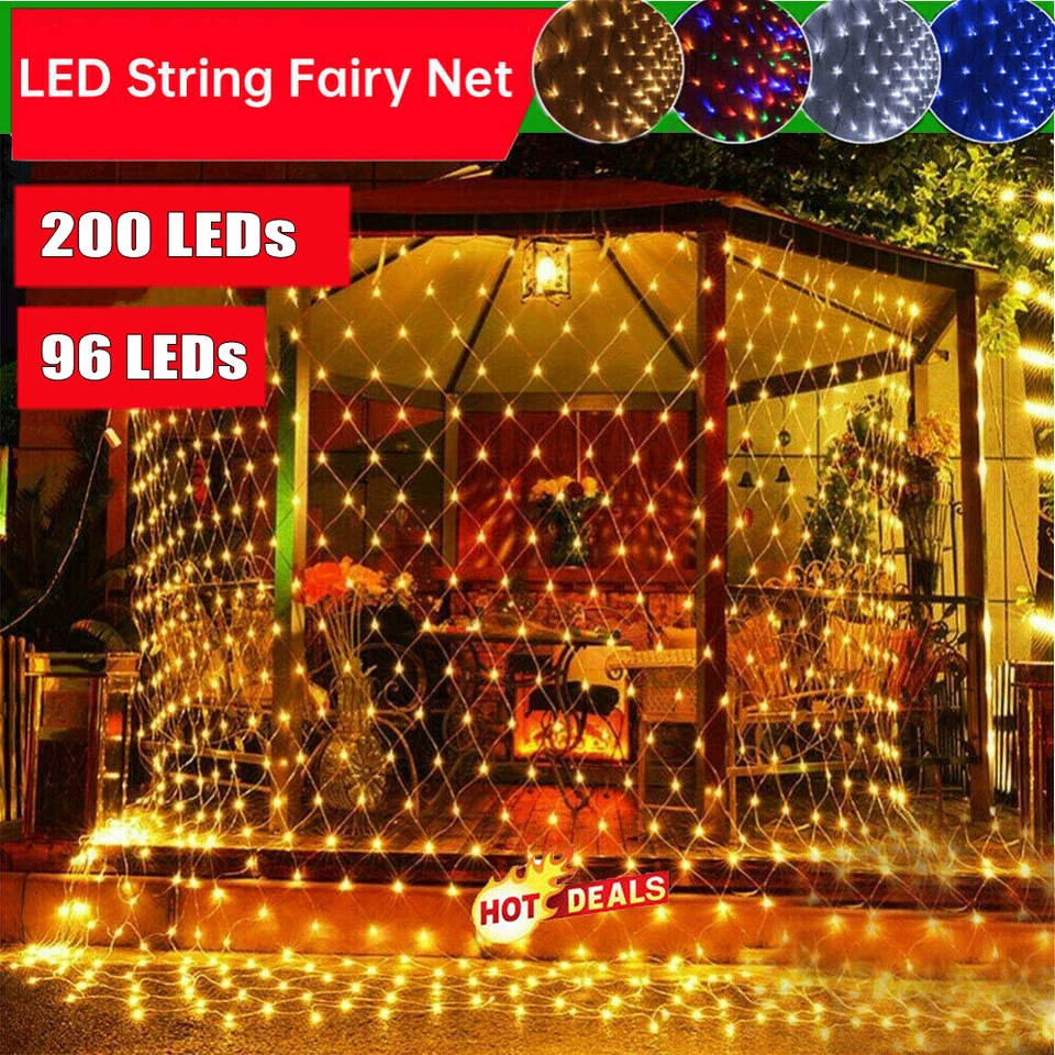 Solar/Plug LED String Fairy Net Mesh Light Curtain Waterproof Garden Christmas - Image 2 of 4