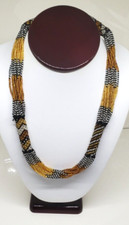 Vintage Glass Beaded Necklace Black Gold Silver Multi Strand Handmade 20"