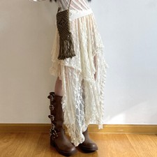 Women Gothic Lace Irregular Skirt Floral Midi Layered Ruffled Elastic Waist Chic
