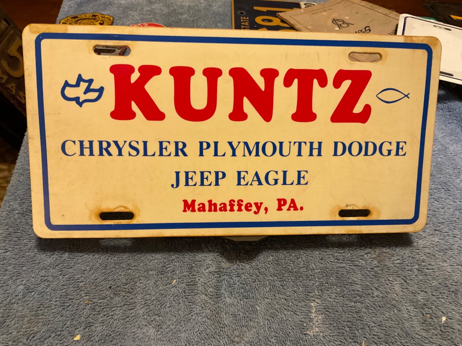 Plastic Dealership License Plate Kurtz Chrysler Plymouth Dodge Mahaffey