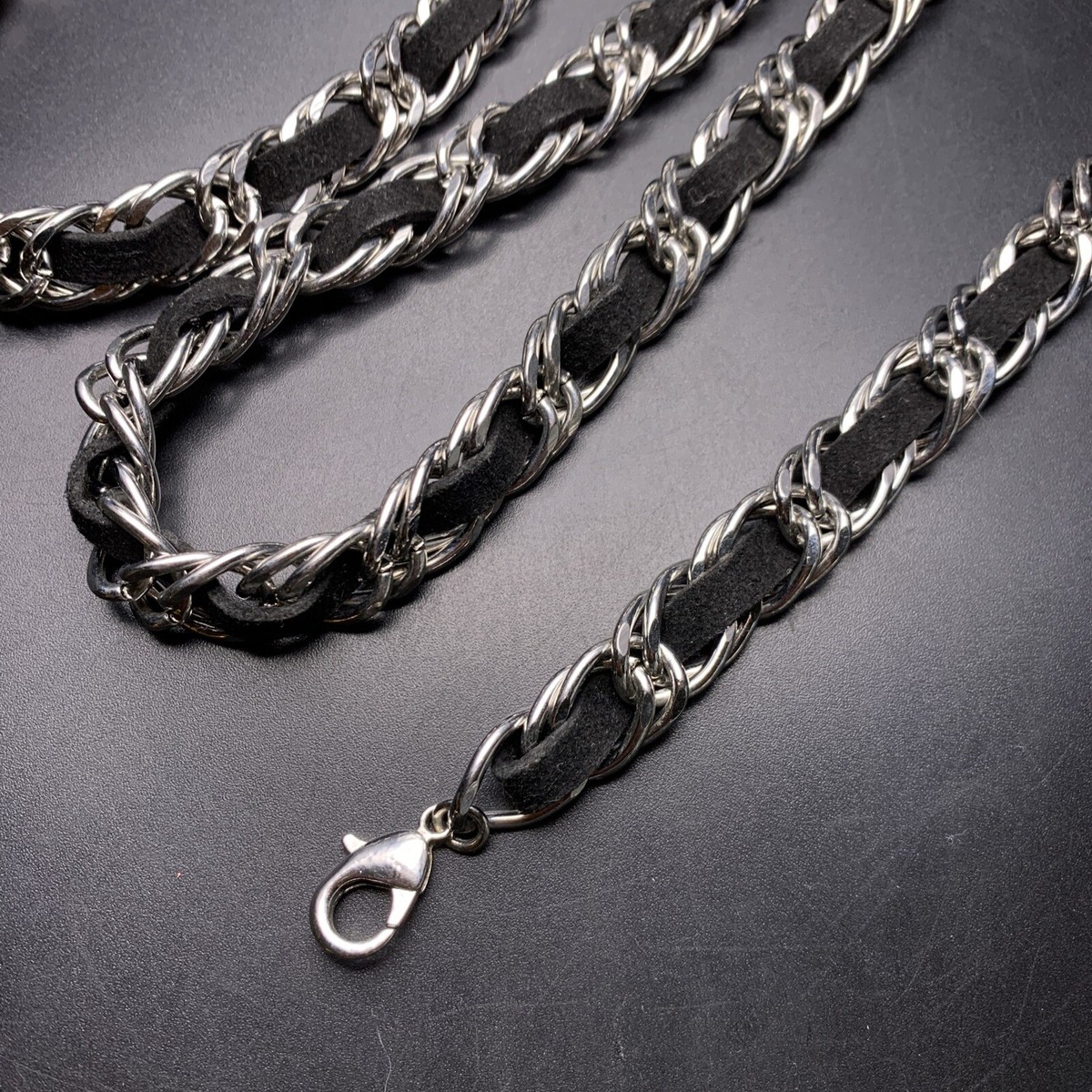 Woven Silver Tone Belt 41 Inch Faux Suede Black Link Chain | eBay