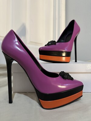 Auth Versace Double Platform Iconic 3D Black Medusa Heels, sz 39