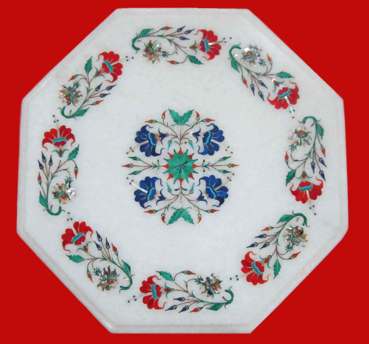 18-Inch Handmade Marble Corner Table Top with Semi-Precious Stone Inlay for Home Decor or Gift