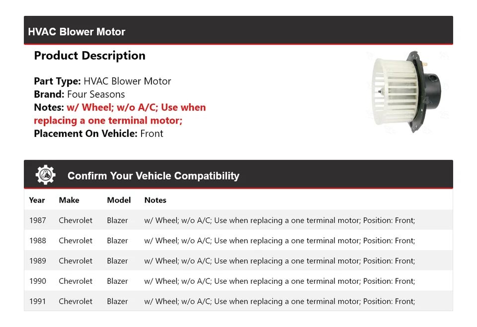 Para Chevrolet Blazer 1987-1991 HVAC Soplador Motor Delantero 4 Temporadas 1988 1989 1990 Foto 2 de 4