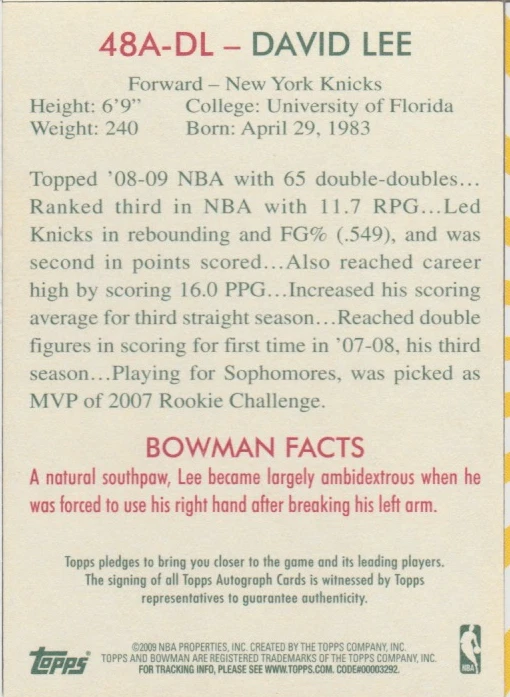 David Lee 2009 Topps Bowman 亲笔签名卡 48A-DL — 第 2/2 张图片