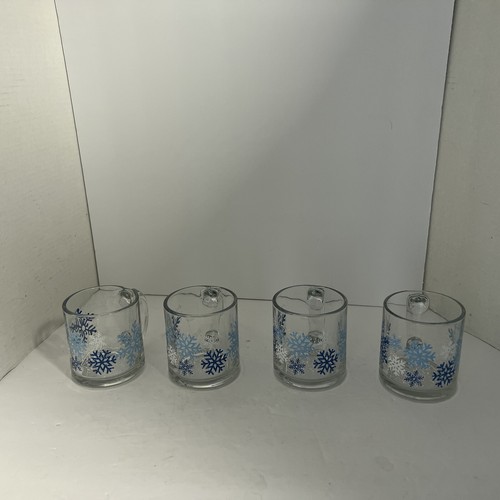 4 Vintage Libbey Mugs Winter Blue & White Snowflake Glass Coffee Tea Cocoa - Picture 5 of 7