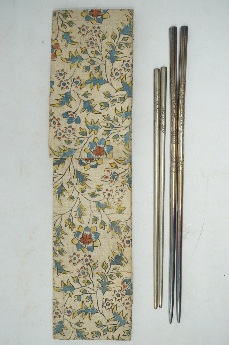 Japanese Silver-Metal Ohashi Chopstick Set in Original Bag from