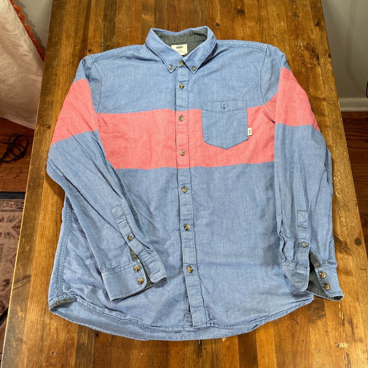 Vans Shirt Mens Large Blue Orange Button Up Casual Long Sleeve