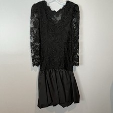 Vintage 80s Pantagis Black Lace Prom Dress Size 4 Gown Midi Length Drop Waist