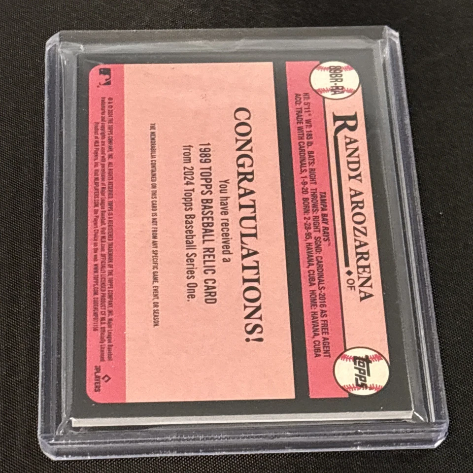 2024 Topps Series 1 RANDY AROZARENA Rays 1989 Relic Bat Card RED /25 - Image 2 of 3