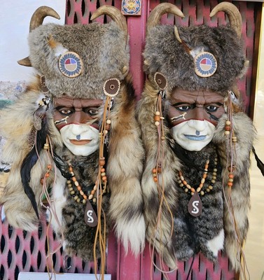 pair 24''Native American Spirit Mask Wall Hanging Hand Made &Painted W/ Wood Base